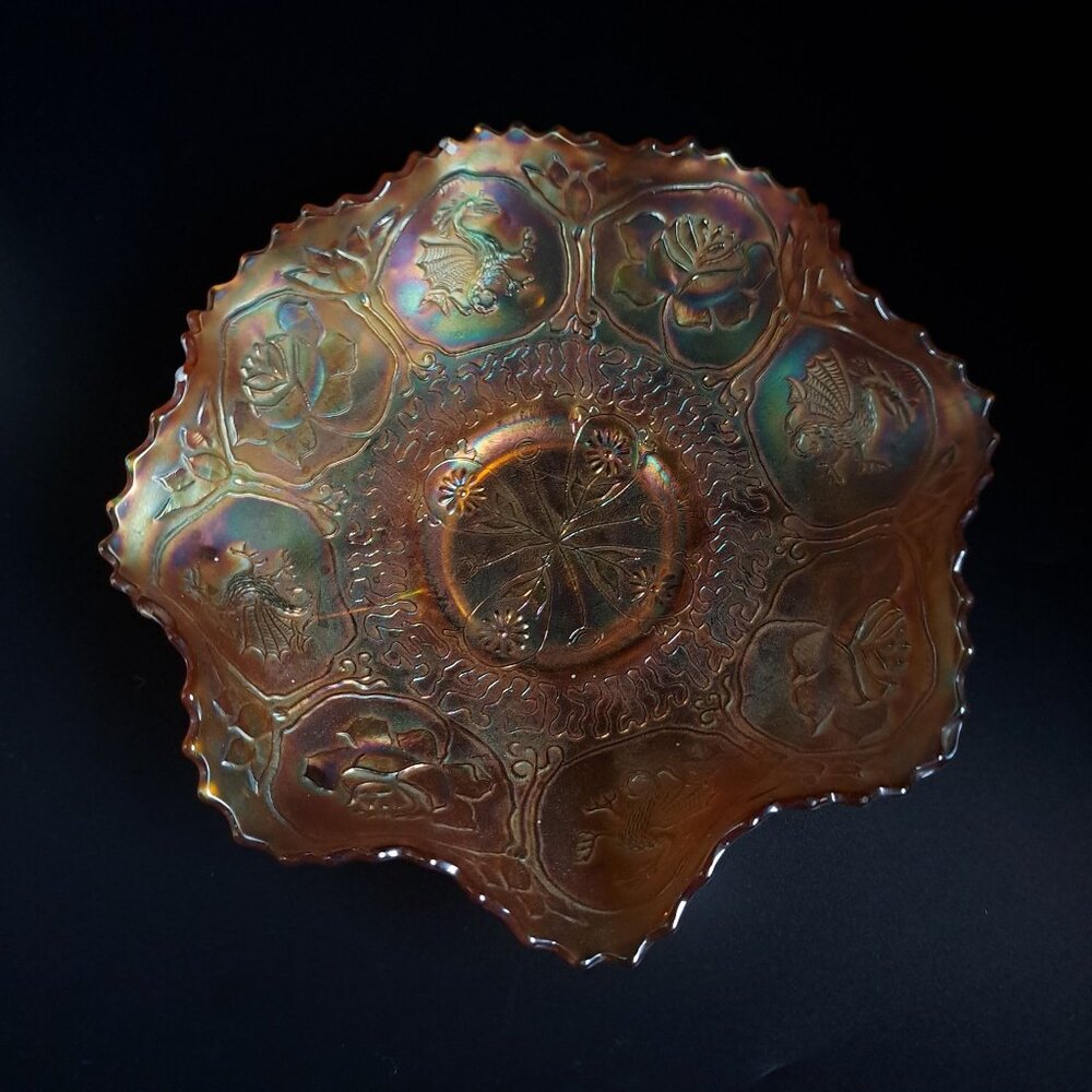 Fenton Dragon and Lotus Carnival Scalloped Vintage Collectible Art Decor Bowl